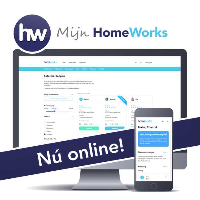 Met de nieuwe app van HomeWorks is het nu nog gemakkelijker en overzichtelijker voor klanten en hulpen voor huishoudelijke hulp online zelf te regelen